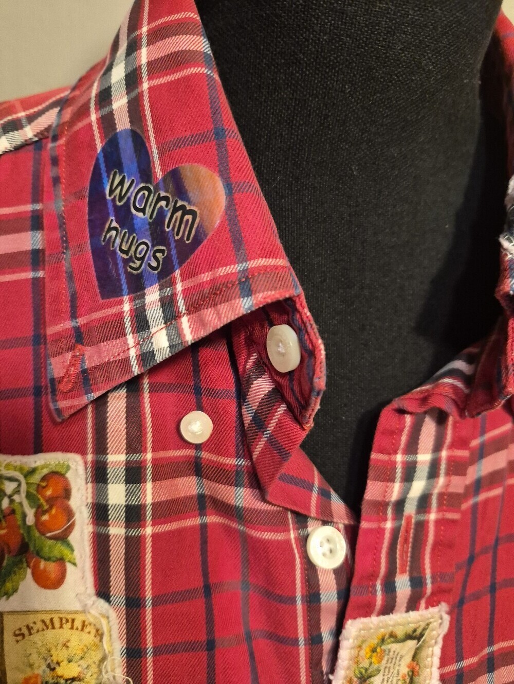 Nautica Upcycled Red Ombre Plaid Button-Up Shirt With Patches - Picture 5 of 10